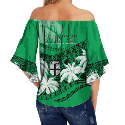 Personalised Fiji Day Off Shoulder Waist Wrap Top Flying Fijians Masi Kesa Style - Green