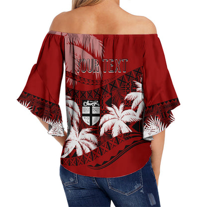Personalised Fiji Day Off Shoulder Waist Wrap Top Flying Fijians Masi Kesa Style - Red