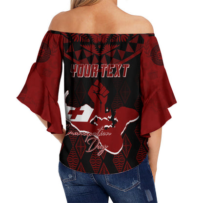 Tonga Personalised Off Shoulder Waist Wrap Top Emancipation Day Lion Style - Black