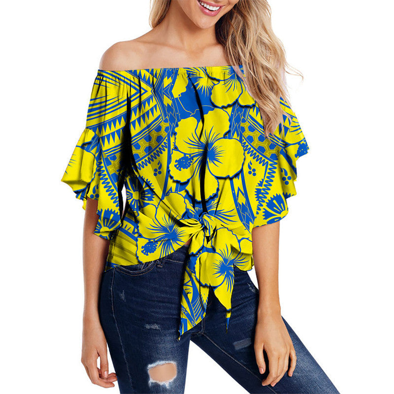 Hibiscus Off Shoulder Waist Wrap Top Fiji Patterns Yellow