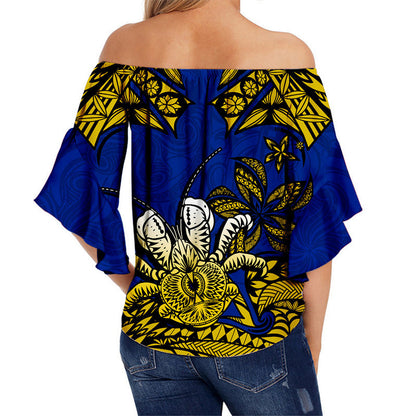 Niue Uga Off Shoulder Waist Wrap Top Tribal Patterns Blue Style