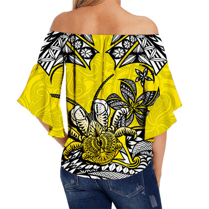 Niue Uga Off Shoulder Waist Wrap Top Tribal Patterns Yellow Style