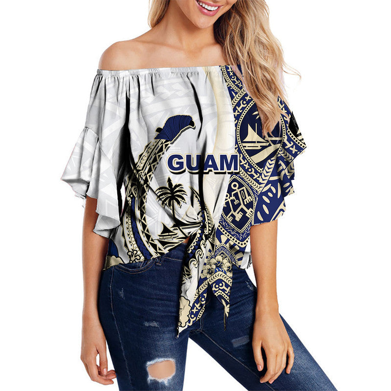 Guam Fish Hook Off Shoulder Waist Wrap Top White Style