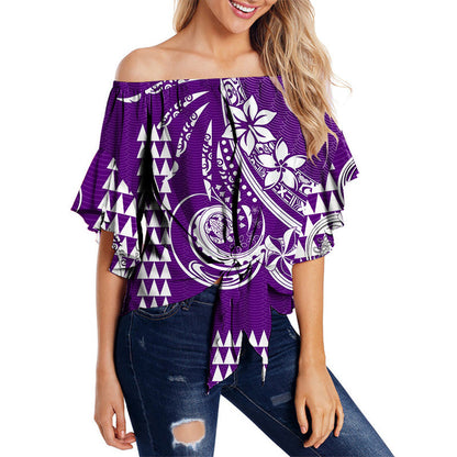 Kakau Hawaiian Polynesian Off Shoulder Waist Wrap Top Purple