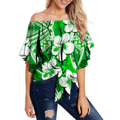 Hibiscus Off Shoulder Waist Wrap Top Fiji Patterns Green