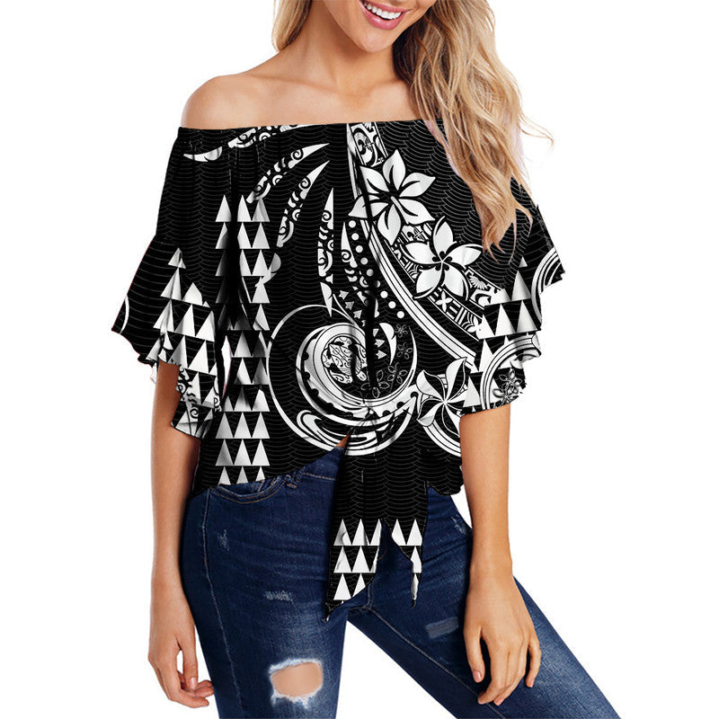 Kakau Hawaiian Polynesian Off Shoulder Waist Wrap Top Black