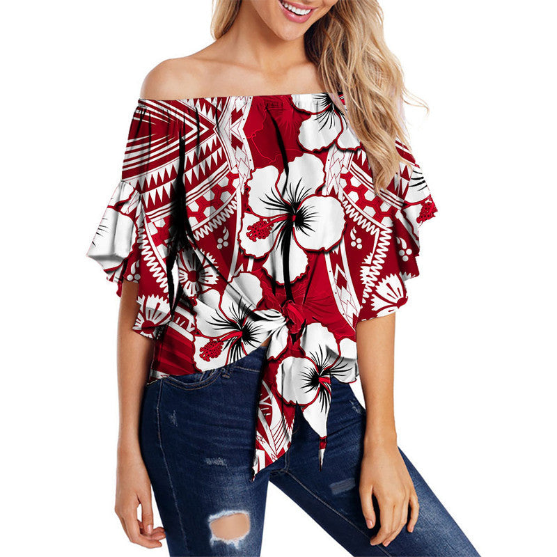 Hibiscus Off Shoulder Waist Wrap Top Fiji Patterns Red