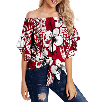 Hibiscus Off Shoulder Waist Wrap Top Fiji Patterns Red