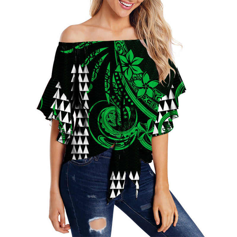 Kakau Hawaiian Polynesian Off Shoulder Waist Wrap Top Green