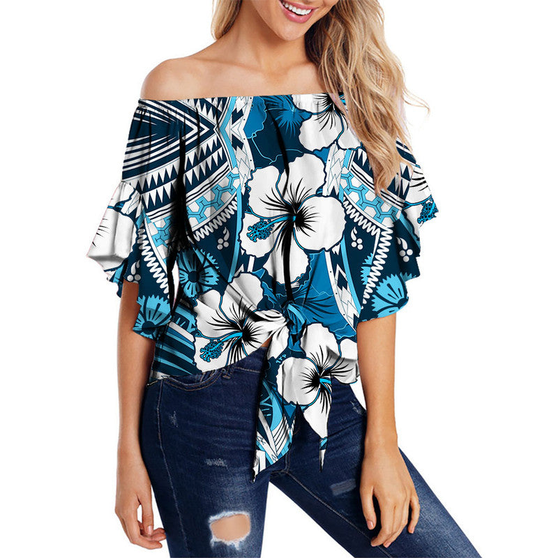 Hibiscus Off Shoulder Waist Wrap Top Fiji Patterns Blue