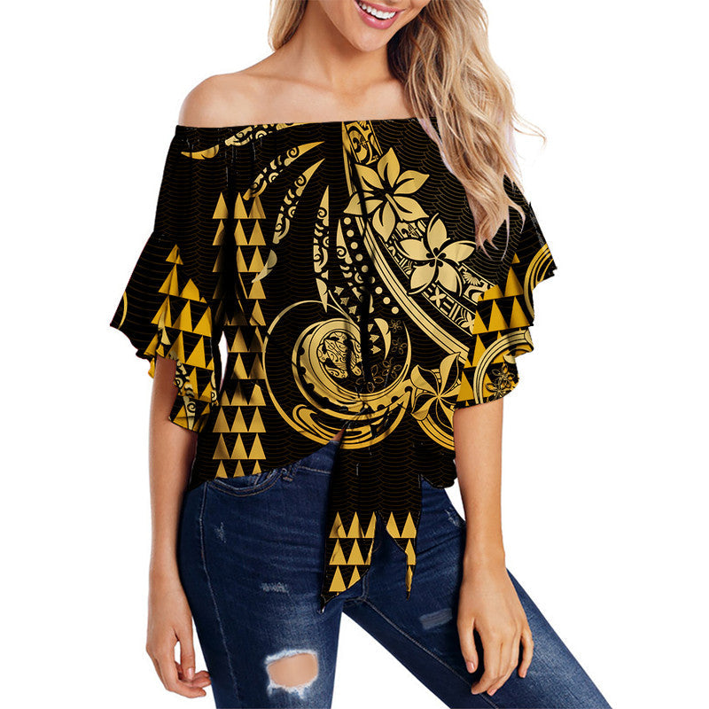 Kakau Hawaiian Polynesian Off Shoulder Waist Wrap Top Gold