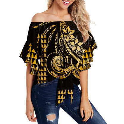 Kakau Hawaiian Polynesian Off Shoulder Waist Wrap Top Gold