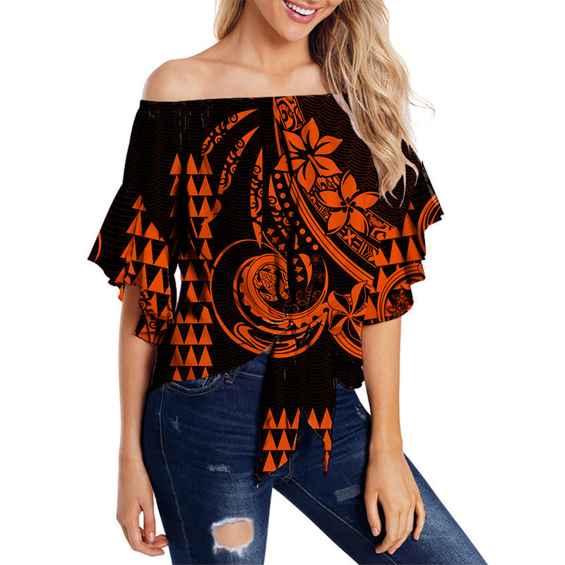 Kakau Hawaiian Polynesian Off Shoulder Waist Wrap Topt Orange