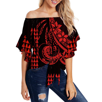 Kakau Hawaiian Polynesian Off Shoulder Waist Wrap Top Red