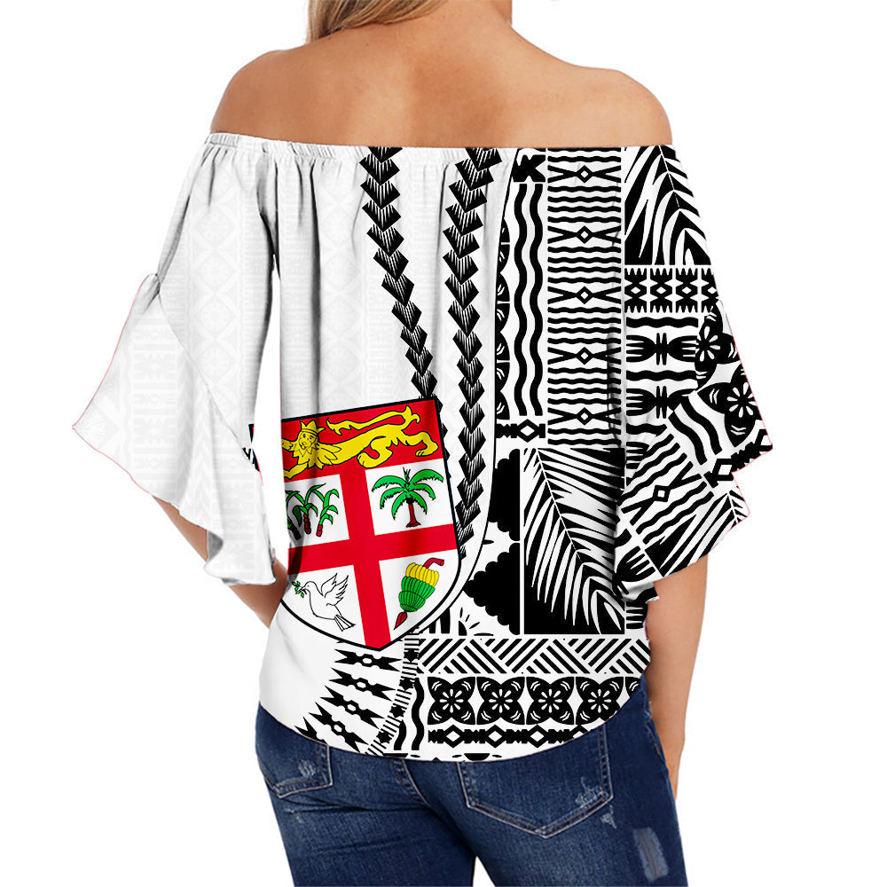 Fiji Off Shoulder Wrap Waist Top Dress Masi Tapa Patterns White Style