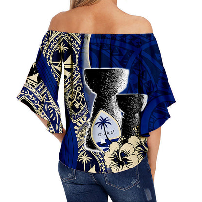 Guam Chamorro Off Shoulder Waist Wrap Top Blue Style