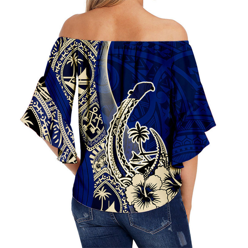 Guam Fish Hook Off Shoulder Waist Wrap Top Blue Style