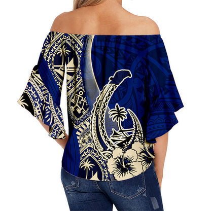 Guam Fish Hook Off Shoulder Waist Wrap Top Blue Style