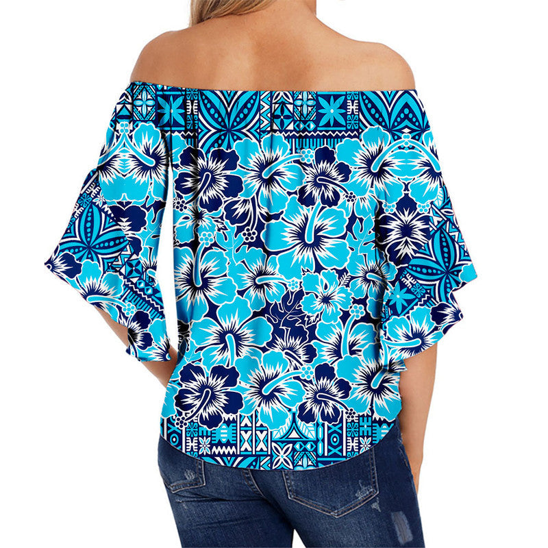Fiji Hibiscus Festival Off Shoulder Waist Wrap Top Blue