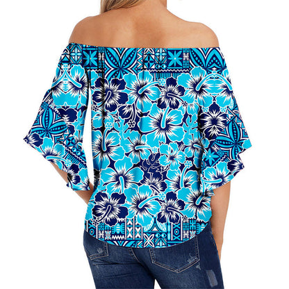 Fiji Hibiscus Festival Off Shoulder Waist Wrap Top Blue