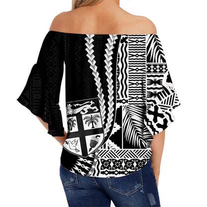 Fiji Off Shoulder Wrap Waist Top Dress Masi Tapa Patterns Black Style