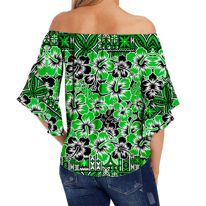 Fiji Hibiscus Festival Off Shoulder Waist Wrap Top Green