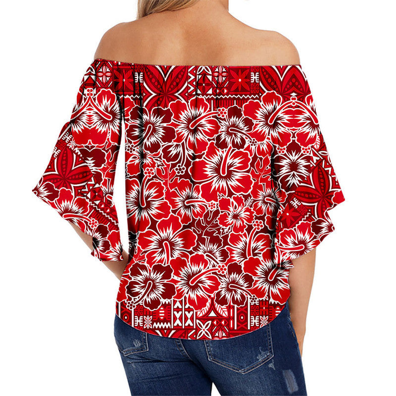Fiji Hibiscus Festival Off Shoulder Waist Wrap Top Red