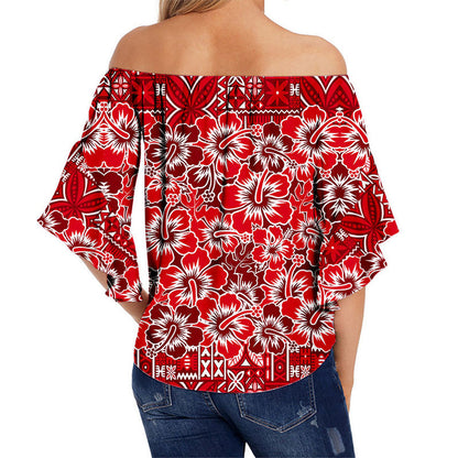 Fiji Hibiscus Festival Off Shoulder Waist Wrap Top Red