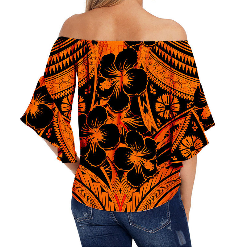 Hibiscus Off Shoulder Waist Wrap Top Fiji Patterns Orange