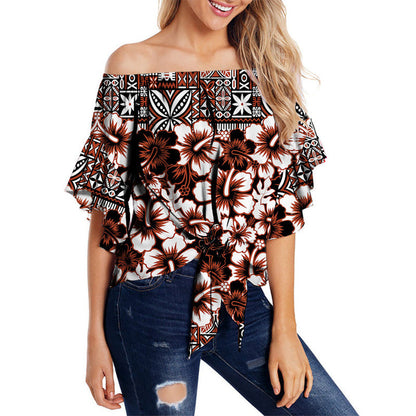 Fiji Hibiscus Festival Off Shoulder Waist Wrap Top Brown