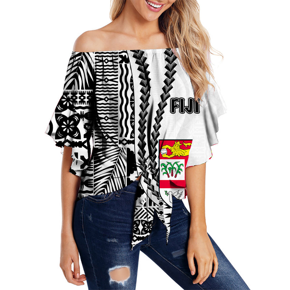 Fiji Off Shoulder Wrap Waist Top Dress Masi Tapa Patterns White Style