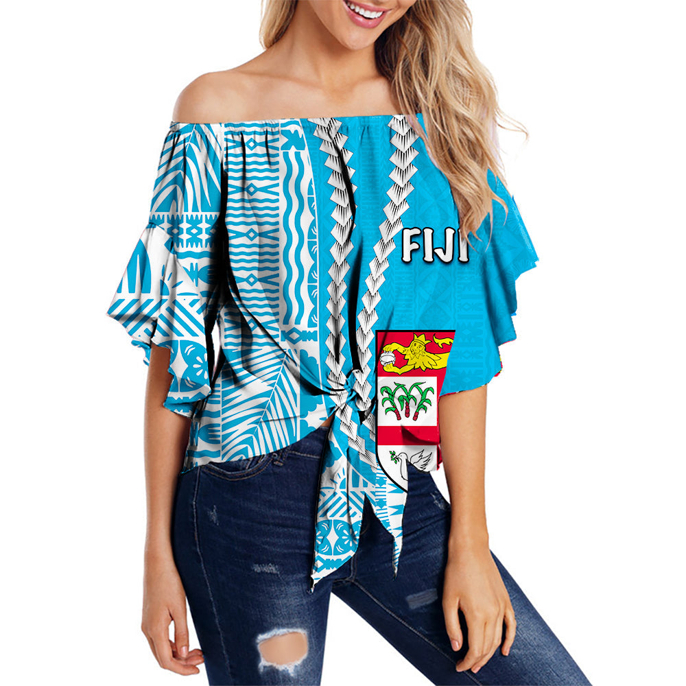 Fiji Off Shoulder Wrap Waist Top Dress Masi Tapa Patterns Blue Style