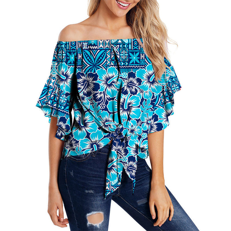 Fiji Hibiscus Festival Off Shoulder Waist Wrap Top Blue