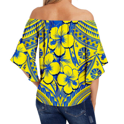 Hibiscus Off Shoulder Waist Wrap Top Fiji Patterns Yellow