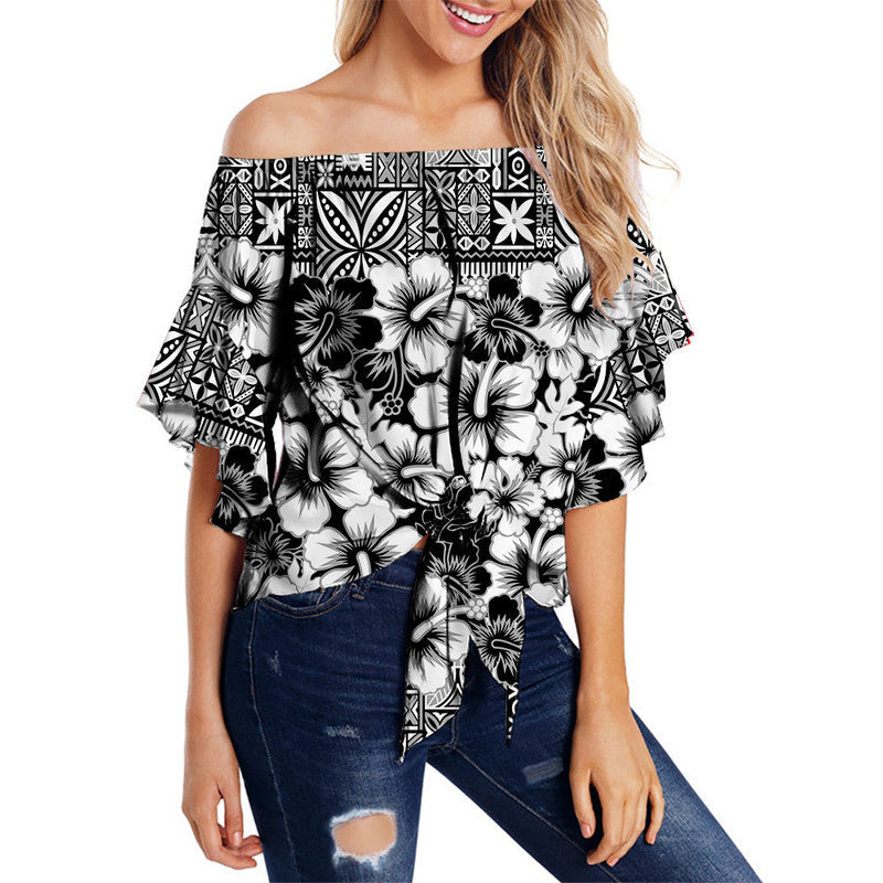 Fiji Hibiscus Festival Off Shoulder Waist Wrap Top Black