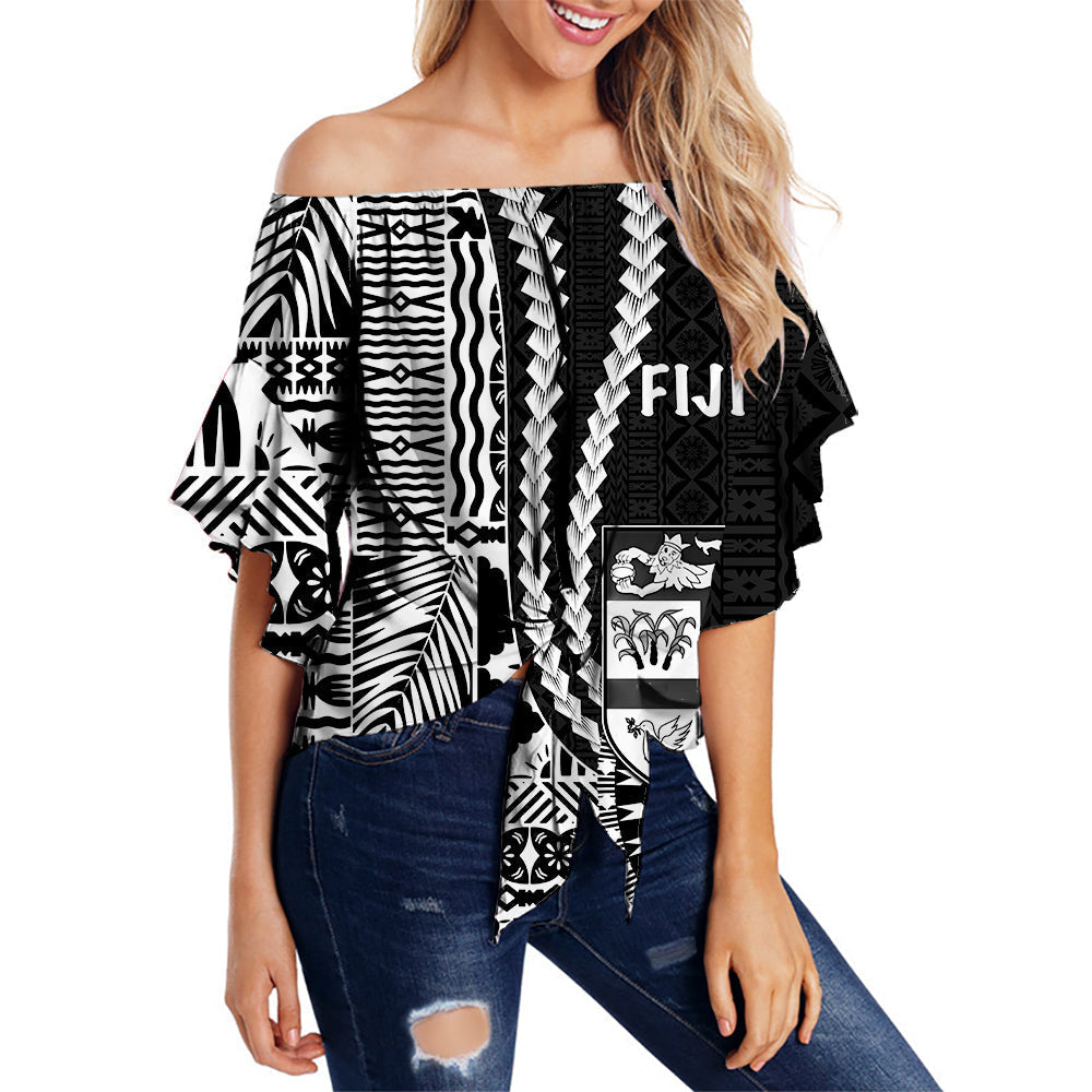 Fiji Off Shoulder Wrap Waist Top Dress Masi Tapa Patterns Black Style