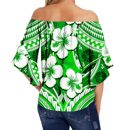 Hibiscus Off Shoulder Waist Wrap Top Fiji Patterns Green
