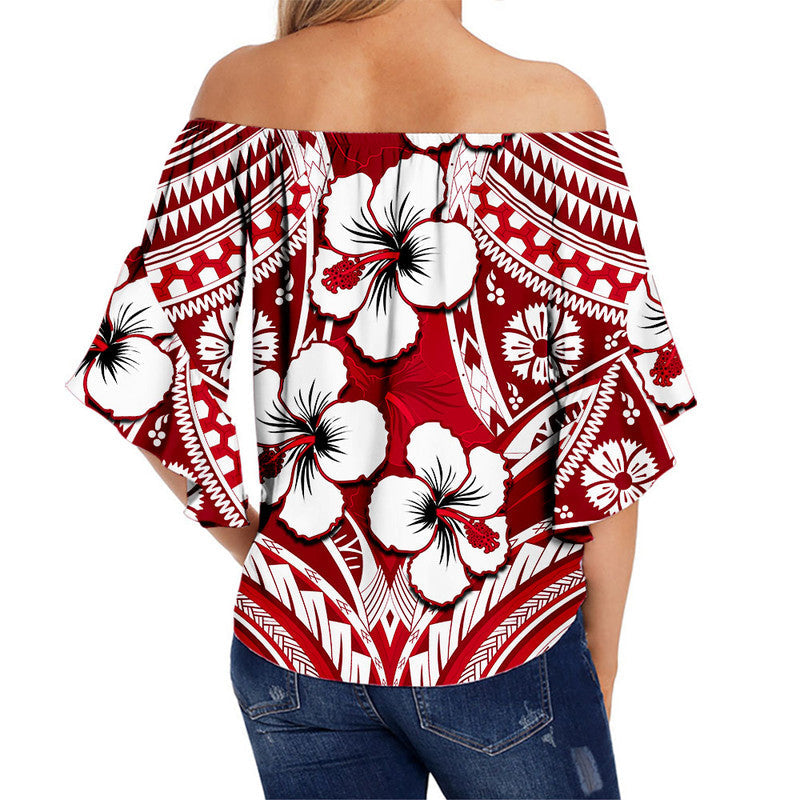 Hibiscus Off Shoulder Waist Wrap Top Fiji Patterns Red