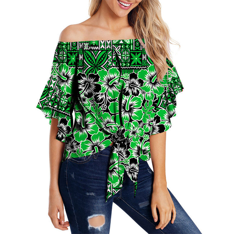 Fiji Hibiscus Festival Off Shoulder Waist Wrap Top Green