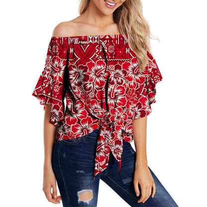 Fiji Hibiscus Festival Off Shoulder Waist Wrap Top Red