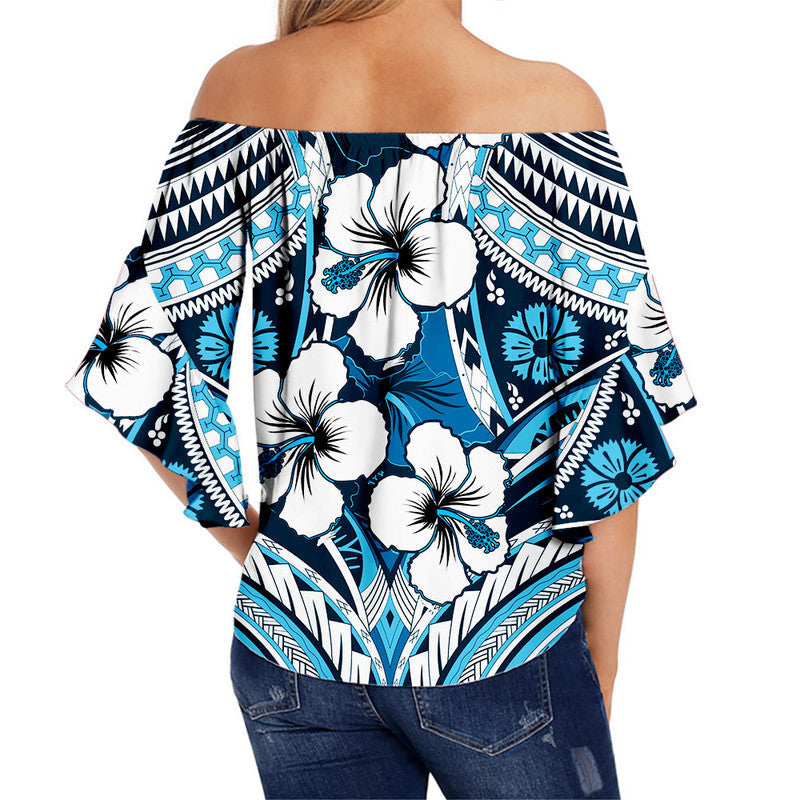 Hibiscus Off Shoulder Waist Wrap Top Fiji Patterns Blue