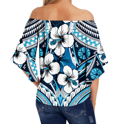 Hibiscus Off Shoulder Waist Wrap Top Fiji Patterns Blue