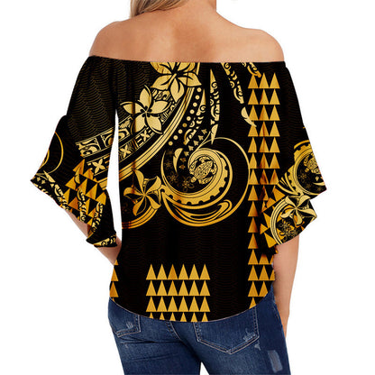 Kakau Hawaiian Polynesian Off Shoulder Waist Wrap Top Gold