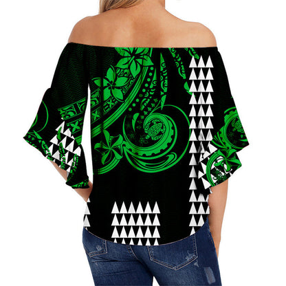 Kakau Hawaiian Polynesian Off Shoulder Waist Wrap Top Green