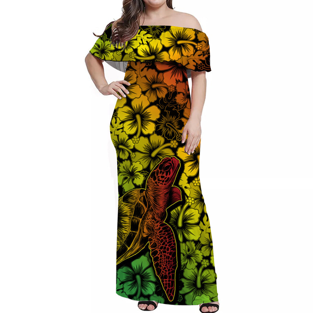 Hawaii Turtle Off Shoulder Long Dress With Hibiscus Style