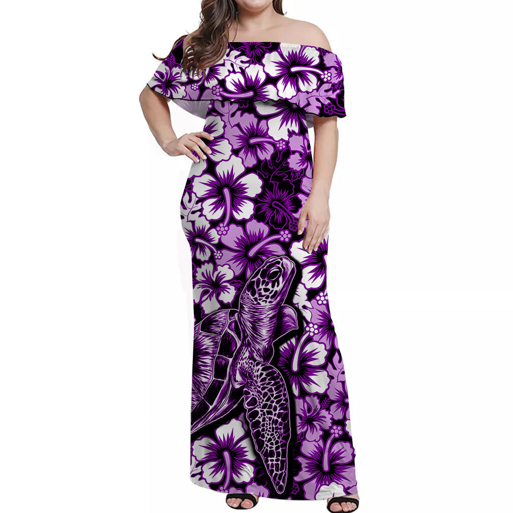 Hawaii Turtle Off Shoulder Long Dress With Hibiscus Purple Style
