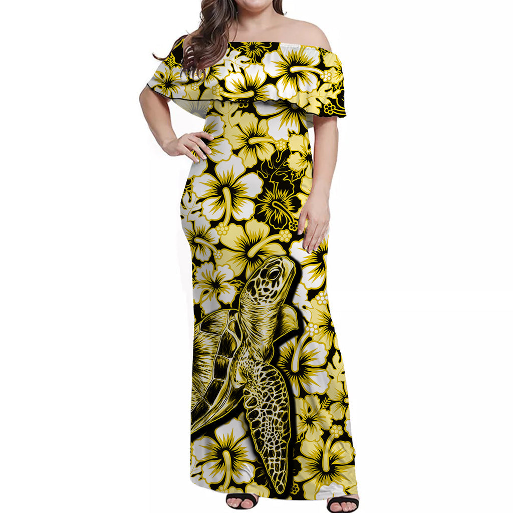 Hawaii Turtle Off Shoulder Long Dress With Hibiscus Yellow Style