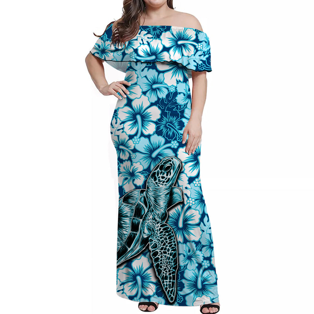 Hawaii Turtle Off Shoulder Long Dress With Hibiscus Blue Style