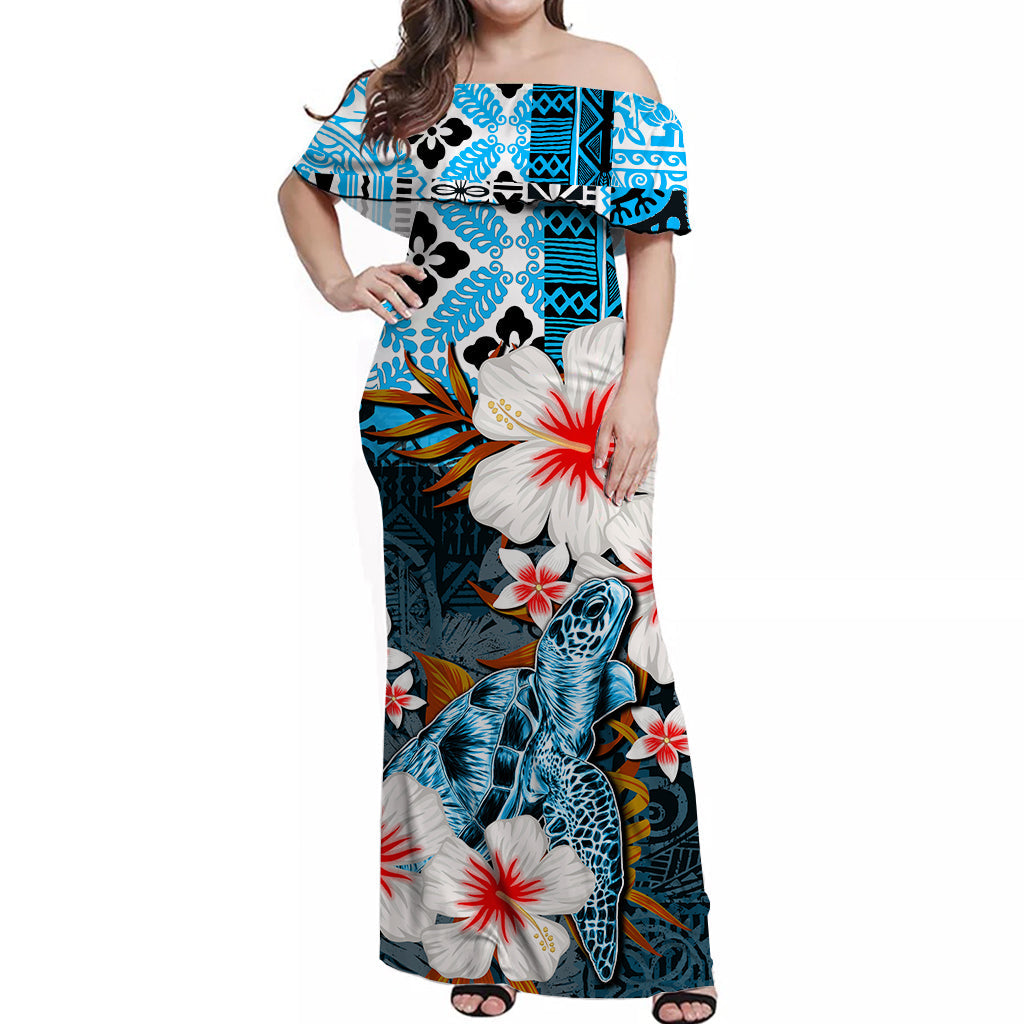 Hawaii Turtle Off Shoulder Long Dress Blue Style