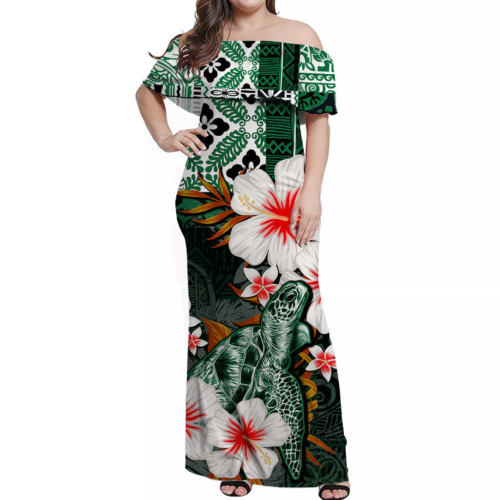 Hawaii Turtle Off Shoulder Long Dress Green Style